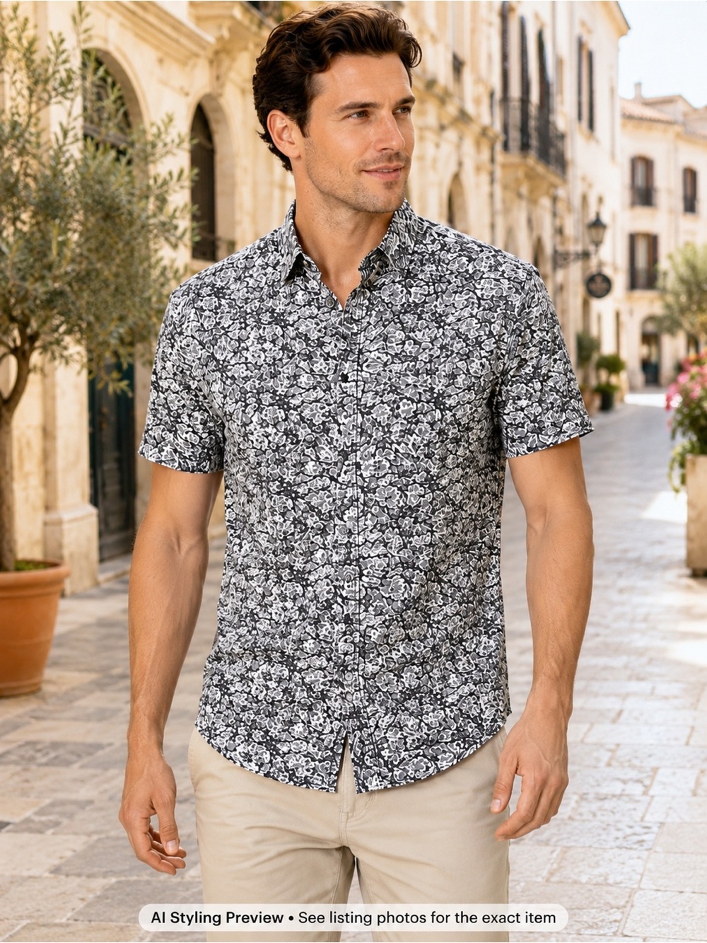1901 Trim Fit L Black Floral Button Down Shirt Cotton Summer